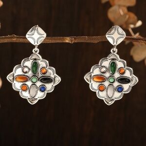 Navajo Tribal Native American Style Gemstone Sterling Silver Plated Earrings